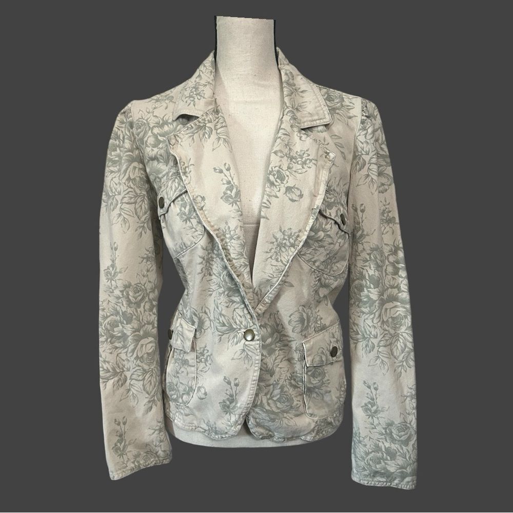 Faded Glory Cream Denim Jacket Antique Sage Green Floral Long Sleeve